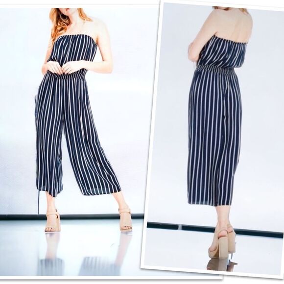 Navy Blue Striped Strapless Wide-Leg Jumpsuit - Picture 1 of 9